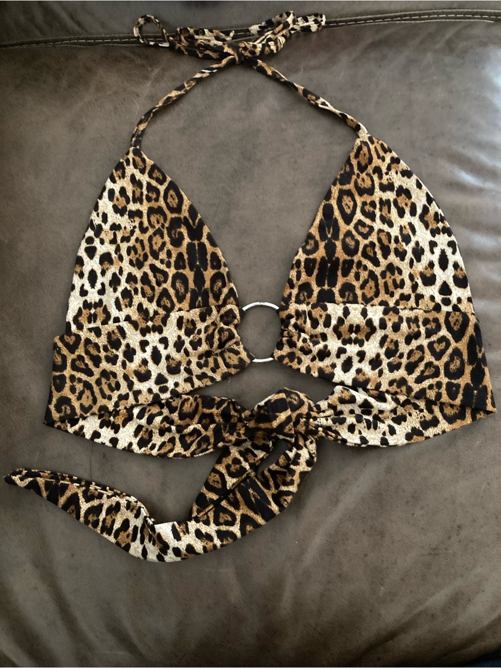 Leopard Print Halter Ring Wrap Crop Top Brown Black Size S